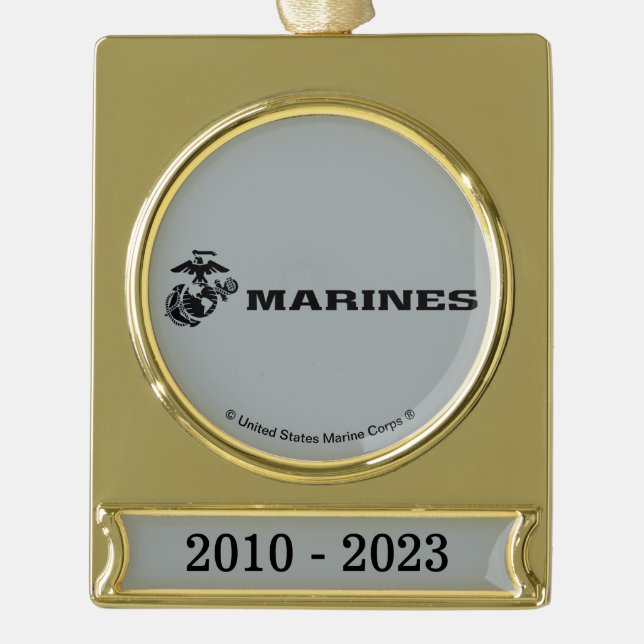 USMC Logo Stacked Black Logo Gold Plated Banner Ornament (Front)