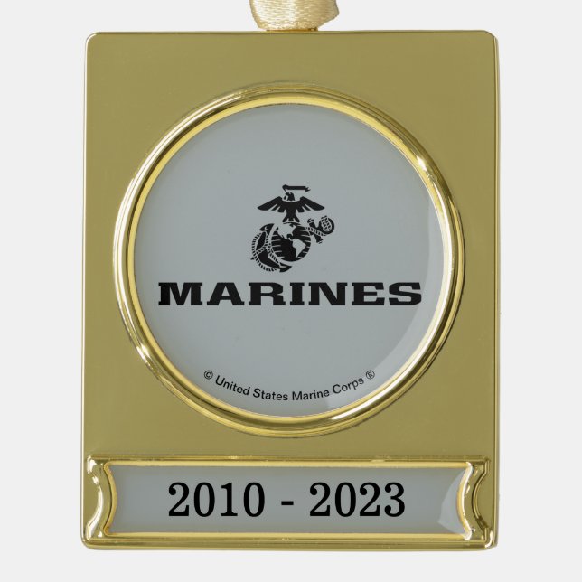 USMC Logo Stacked Black Logo Gold Plated Banner Ornament (Front)