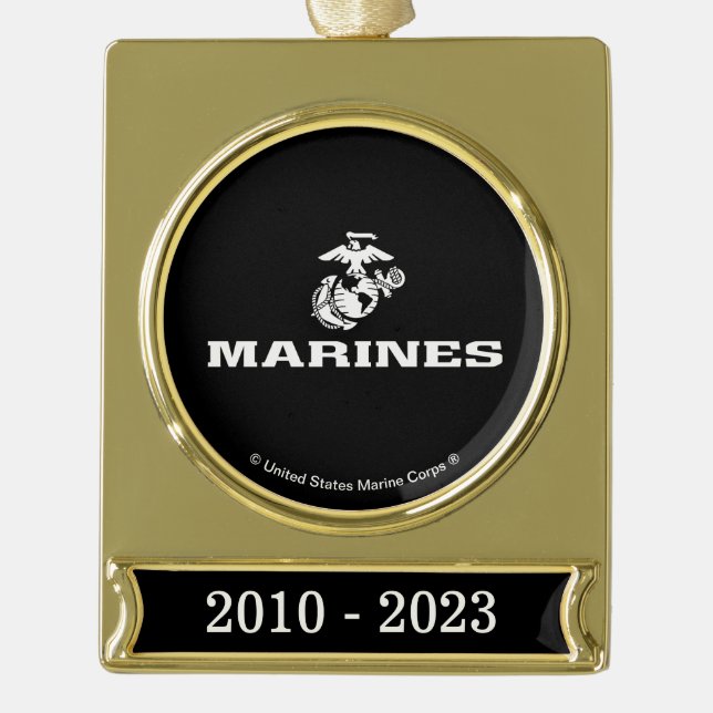 USMC Logo Stacked - White Gold Plated Banner Ornament (Front)