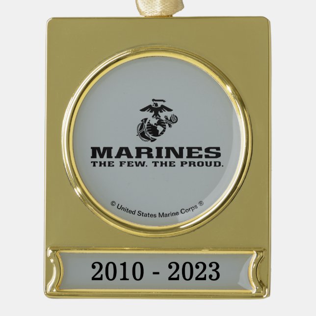 USMC "The Few, The Proud" Stacked Black Logo Gold Plated Banner Ornament (Front)