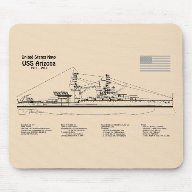 USS Arizona - Ship Blueprint Plans SD Mouse Mat (Front)