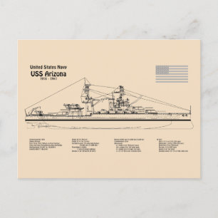 USS Arizona - Ship Blueprint Plans SD Postcard