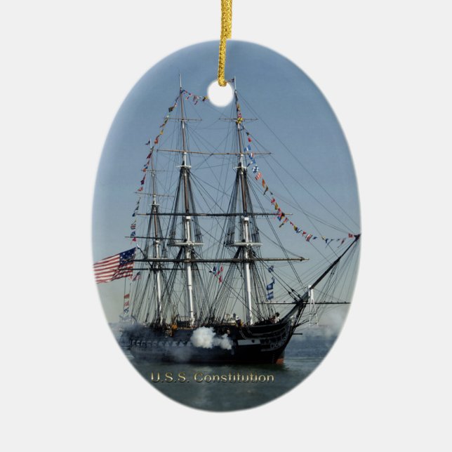 USS Constitution Firing Cannons Ceramic Tree Decoration (Front)