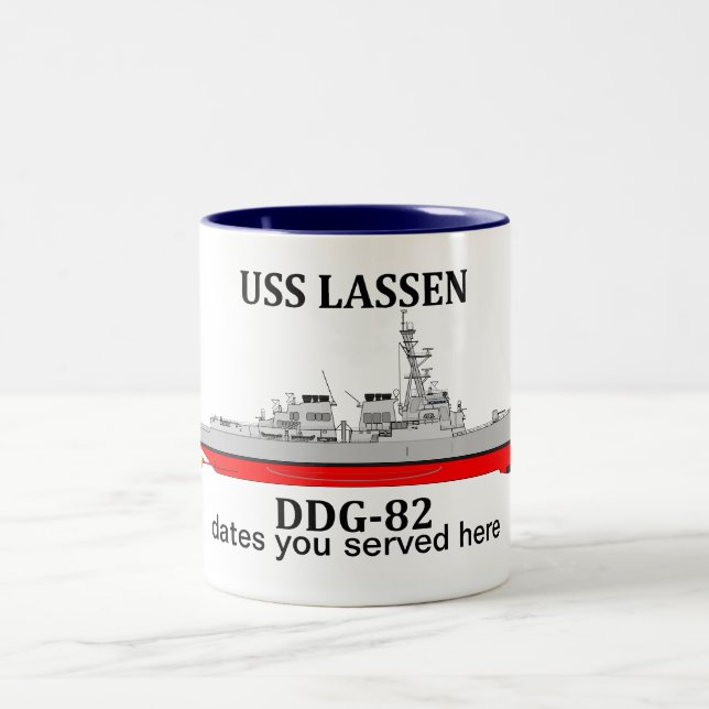 USS Lassen, DDG-82, customisable dates served Two-Tone Coffee Mug (Center)