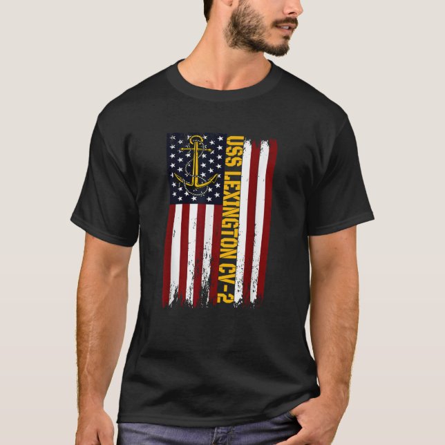 USS Lexington CV 2 Aircraft Carrier American Flag T-Shirt (Front)