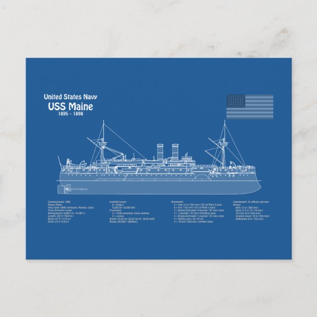 USS Maine - Ship Blueprint Plans ABD Postcard (Front)