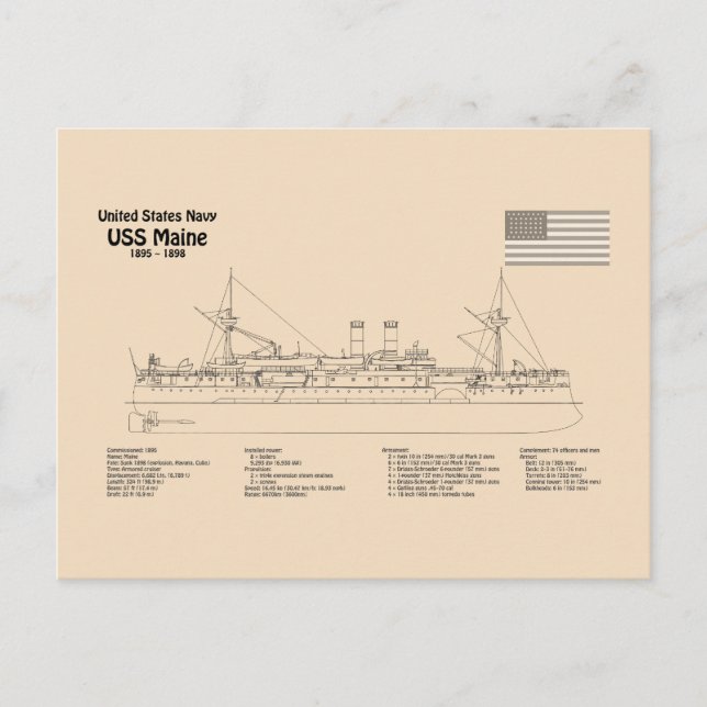 USS Maine - Ship Blueprint Plans SD Postcard (Front)