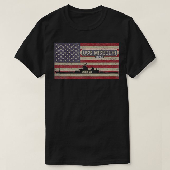 USS Missouri BB63 WW2 Battleship USA American Flag T-Shirt (Design Front)