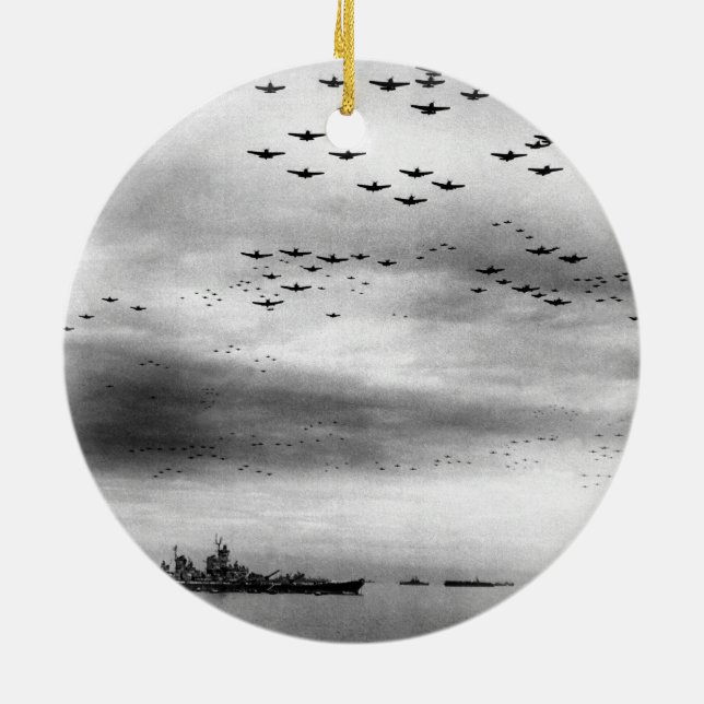 USS Missouri Flyover Surrender of Japan Ceramic Tree Decoration (Back)