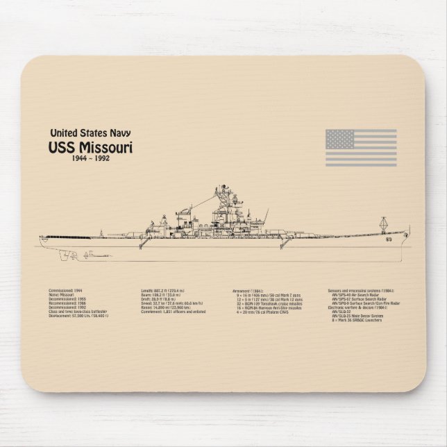 USS Missouri - Ship Blueprint Plans SD Mouse Mat (Front)