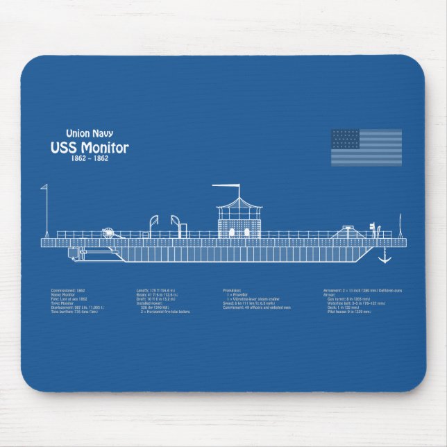 USS Monitor - Ship Blueprint Plans ABD Mouse Mat (Front)