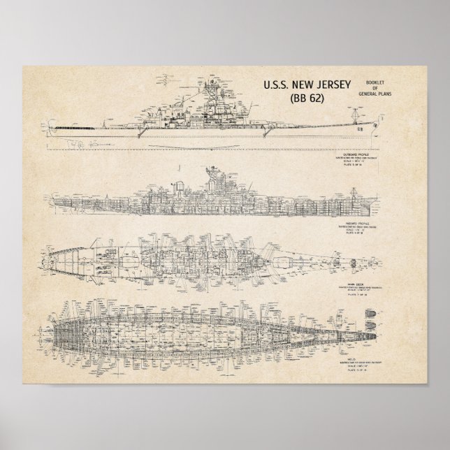 USS NEW JERSEY Blueprint Poster (Front)
