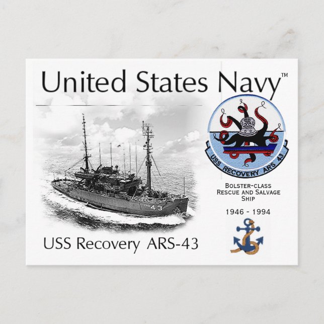 USS RECOVERY ARS-43 RESCUE AND SALVAGE SHI- POSTC POSTCARD (Front)