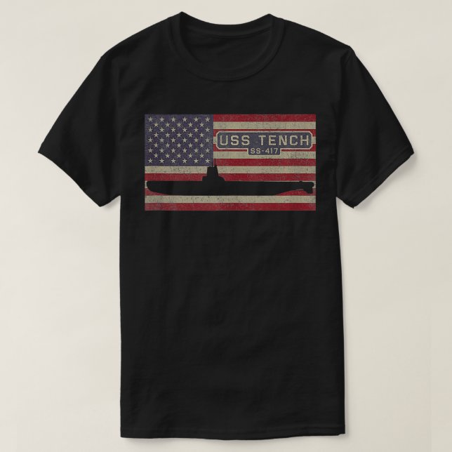USS Tench SS417 WW2 Submarine USA American Flag  T-Shirt (Design Front)