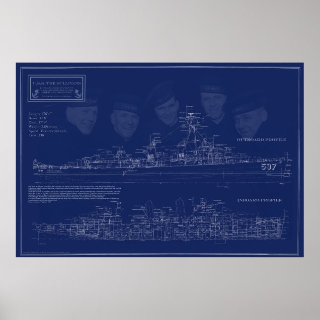 USS The Sullivans DD-537 Blueprint Poster (Front)