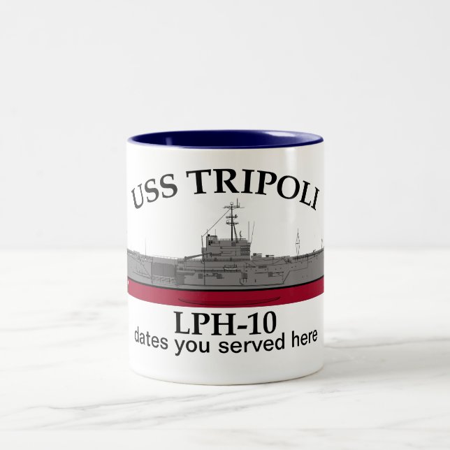 USS Tripoli, LPH-10, customisable dates served Two-Tone Coffee Mug (Center)