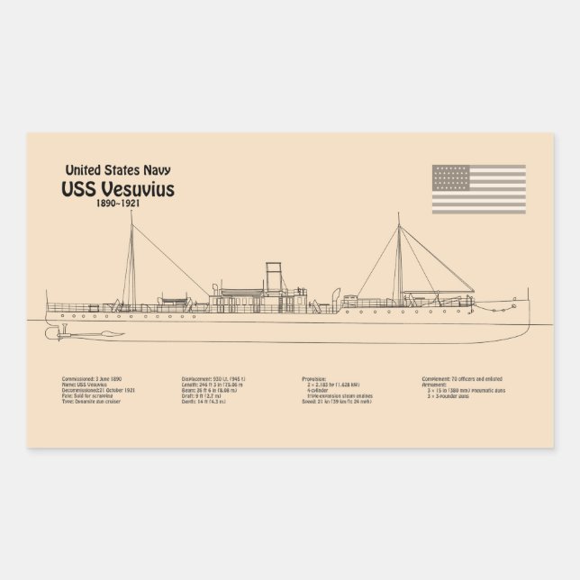 USS Vesuvius - Ship Blueprint Plans SD Rectangular Sticker (Front)