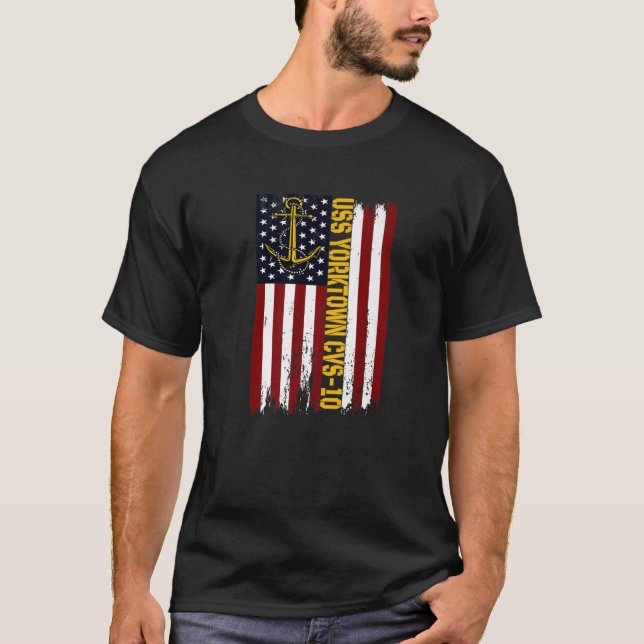 USS Yorktown CVS-10 Aircraft Carrier American Flag T-Shirt (Front)