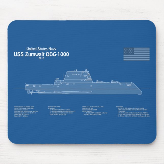 USS Zumwalt - Ship Blueprint Plans ABD Mouse Mat (Front)