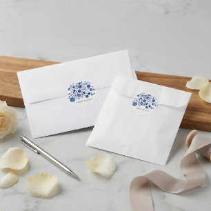 usty Blue Delft Floral Couple Names Classic Round Sticker