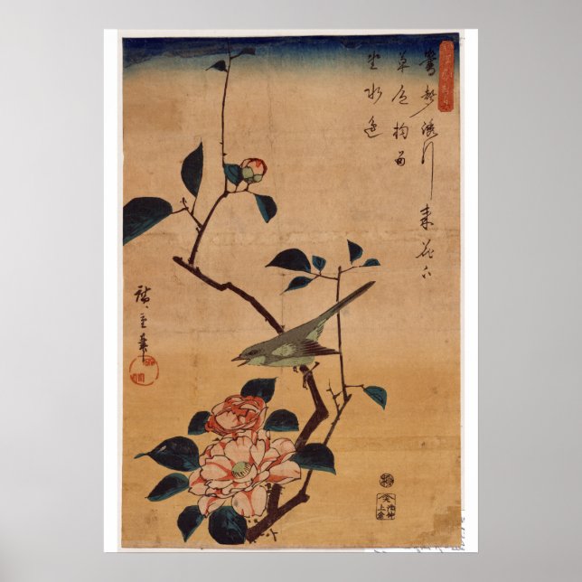 Utagawa Hiroshige, Camellia and Bush Warbler, 1844 Poster (Front)