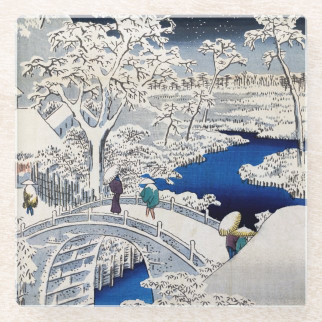 Utagawa Hiroshige - Drum Bridge at Meguro Glass Coaster (Front)