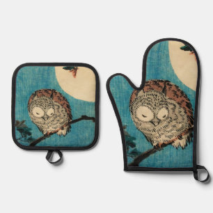 Utagawa Hiroshige - Horned Owl on Maple Branch Oven Mitt & Pot Holder Set