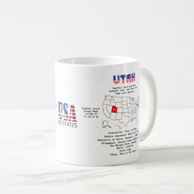 Utah American state on a map and useful info Coffee Mug (Front Right)