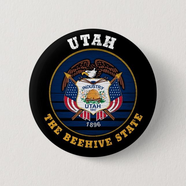 UTAH BEEHIVE STATE FLAG 6 CM ROUND BADGE (Front)