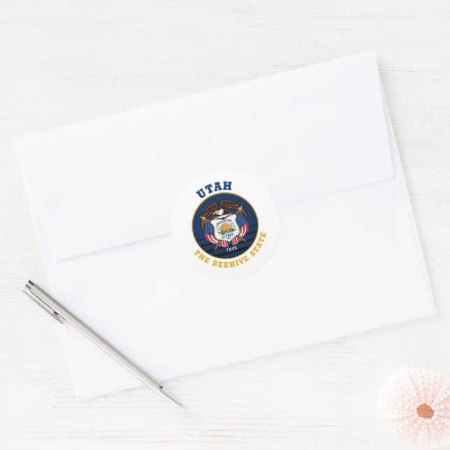 UTAH BEEHIVE STATE FLAG CLASSIC ROUND STICKER (Envelope)
