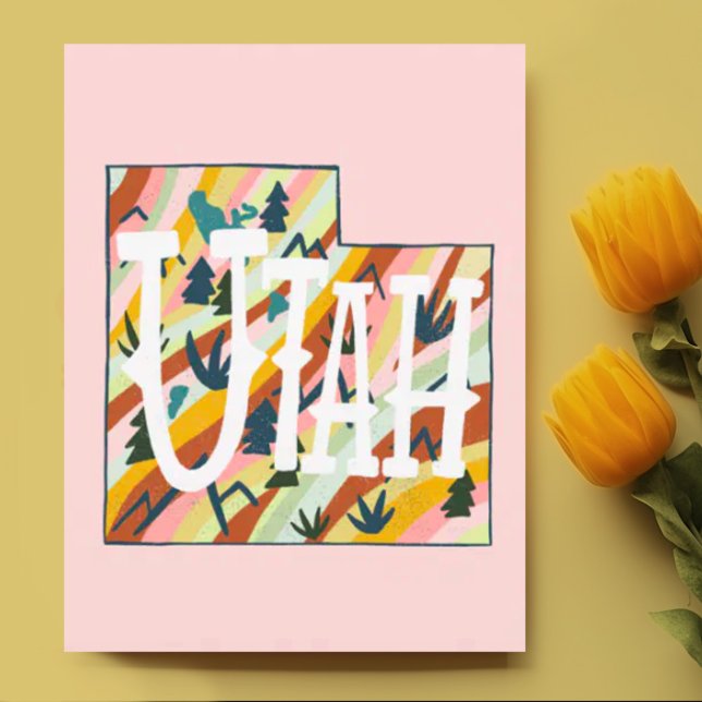 Utah Illustrated Map Postcard (Utah illustrated map custom postcard in pink )
