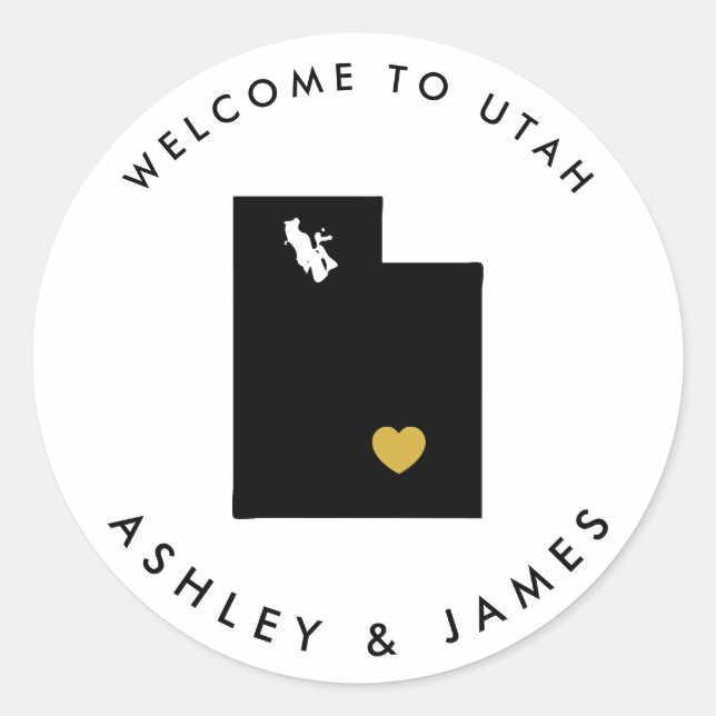 Utah Wedding Welcome Sticker Tag, Gold & Black (Front)