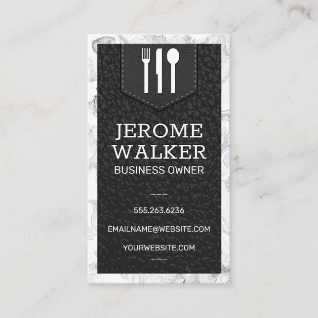 Utensil Logo | Leather Stitched Strap | Marble  Business Card (Front)