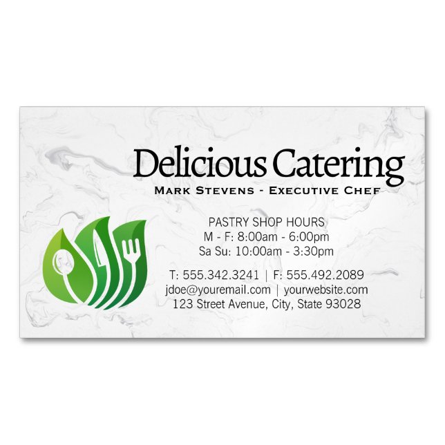 Utensils Leaves Logo | Marble Magnetic Business Card (Front)
