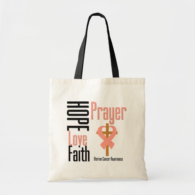 Uterine Cancer Hope Love Faith Prayer Cross Tote Bag (Front)