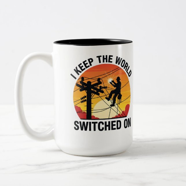 Utility Worker Gift Switched On Electrical Lineman Two-Tone Coffee Mug (Left)