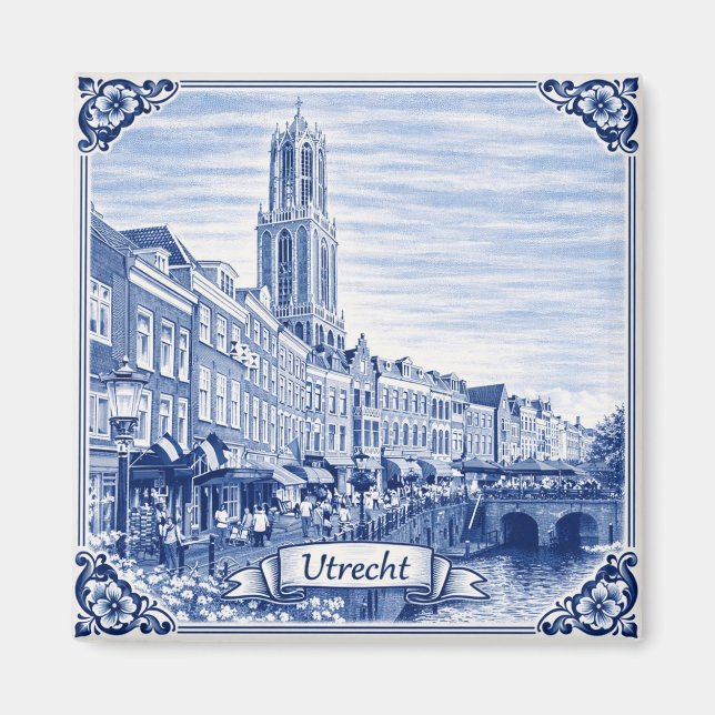 Utrecht canal houses Delft Blue style magnet (Front)