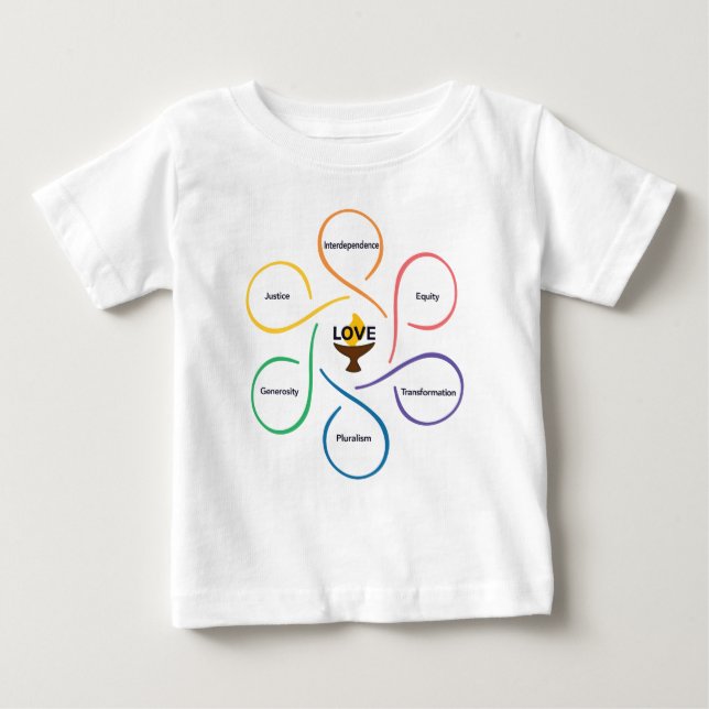 UUA Unitarian Shared Values Flower Baby T-Shirt (Front)