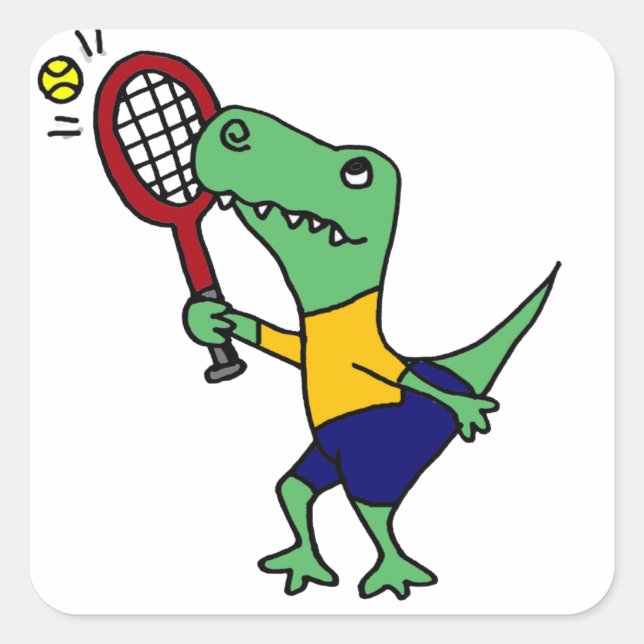 UV- Funny T-Rex Dinosaur Playing Tennis Cartoon Square Sticker (Front)