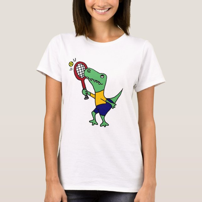UV- Funny T-Rex Dinosaur Playing Tennis Cartoon T-Shirt (Front)