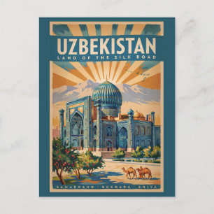 Uzbekistan Camel Illustration Travel Art Vintage Postcard