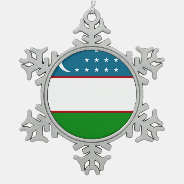 Uzbekistan Flag Snowflake Pewter Christmas Ornament (Front)