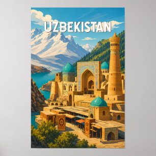 Uzbekistan Illustration Travel Art Vintage Poster