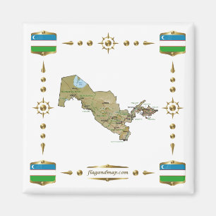 Uzbekistan Map + Flags Magnet
