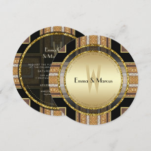 V1 Art Deco Gold Glitter Round Wedding Invitation