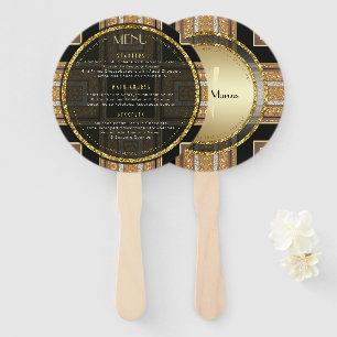 V1 Art Deco Gold  Round Wedding  Menu Card Hand Fan
