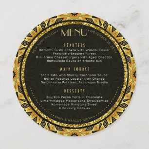V1 Tribal Deco Gold Round Wedding Menu Card
