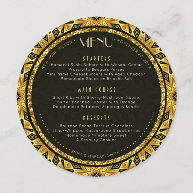 V1 Tribal Deco Gold  Round Wedding  Menu Card (Front)