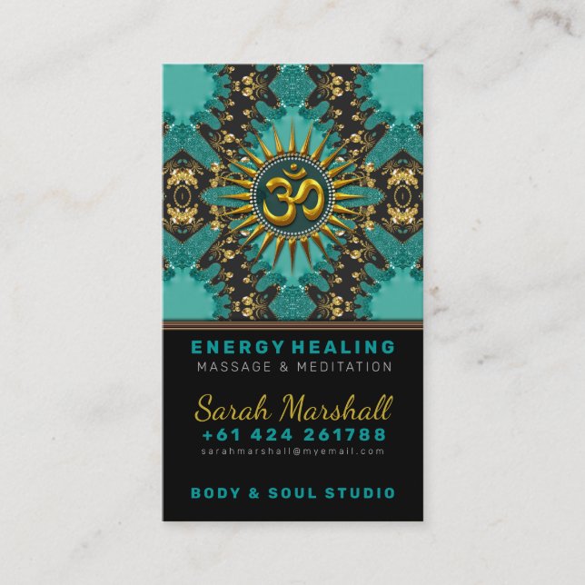 V2 Teal Gold Eastern Sparkle OM Yoga Business Card (Front)