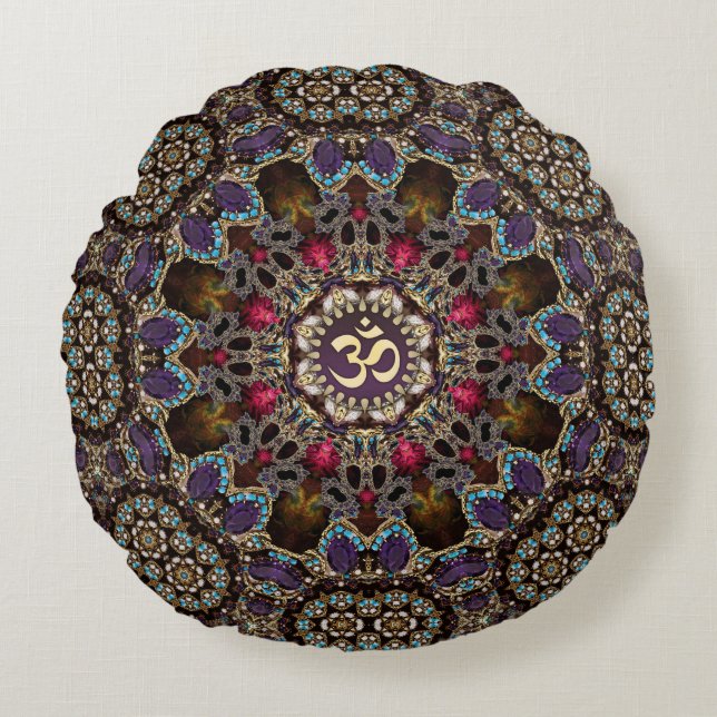 V2-Vintage Bohemian Spirit OM Yoga Round Cushion (Front)